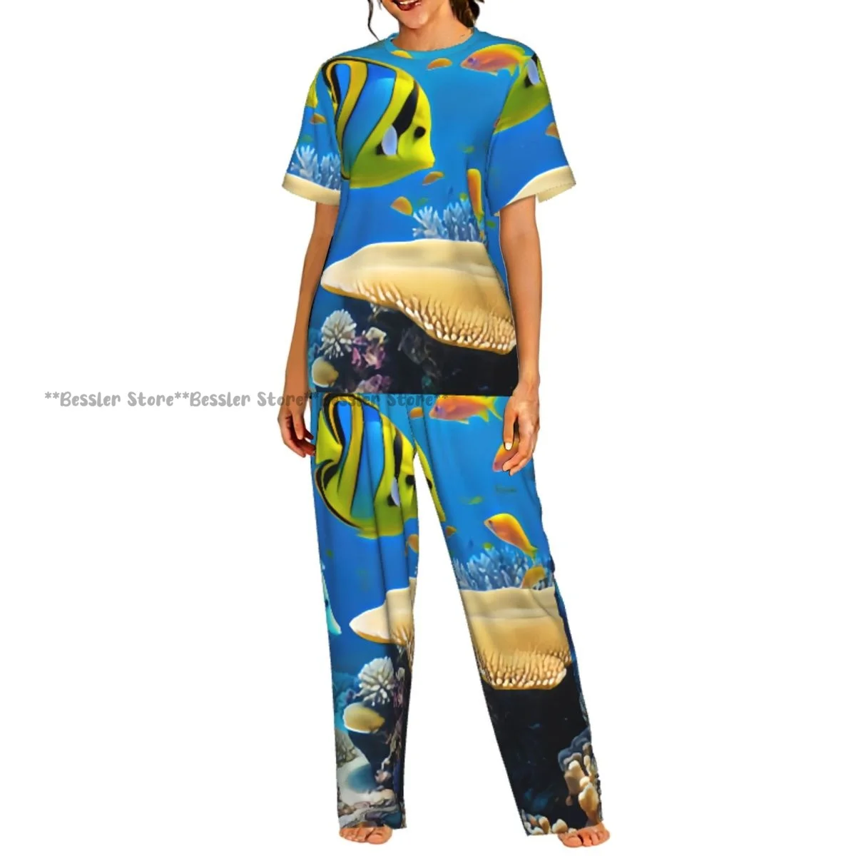 

Женский комплект из 2 предметов: пижама с принтом тропических рыб и коралловых рифов, топ с короткими рукавами и брюки, одежда для сна