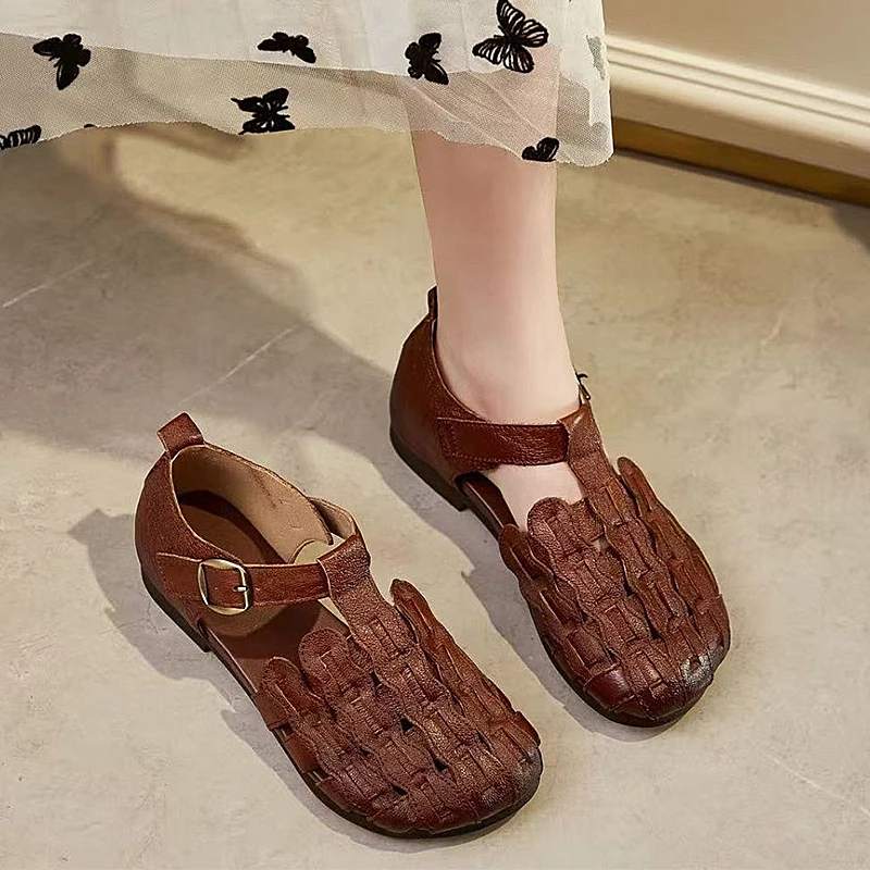 

Summer Women Sandals Luxury Hand-woven Soft Leather Flat with Gladiator Sandals Woman Outdoor Ladies Elegant Shoes