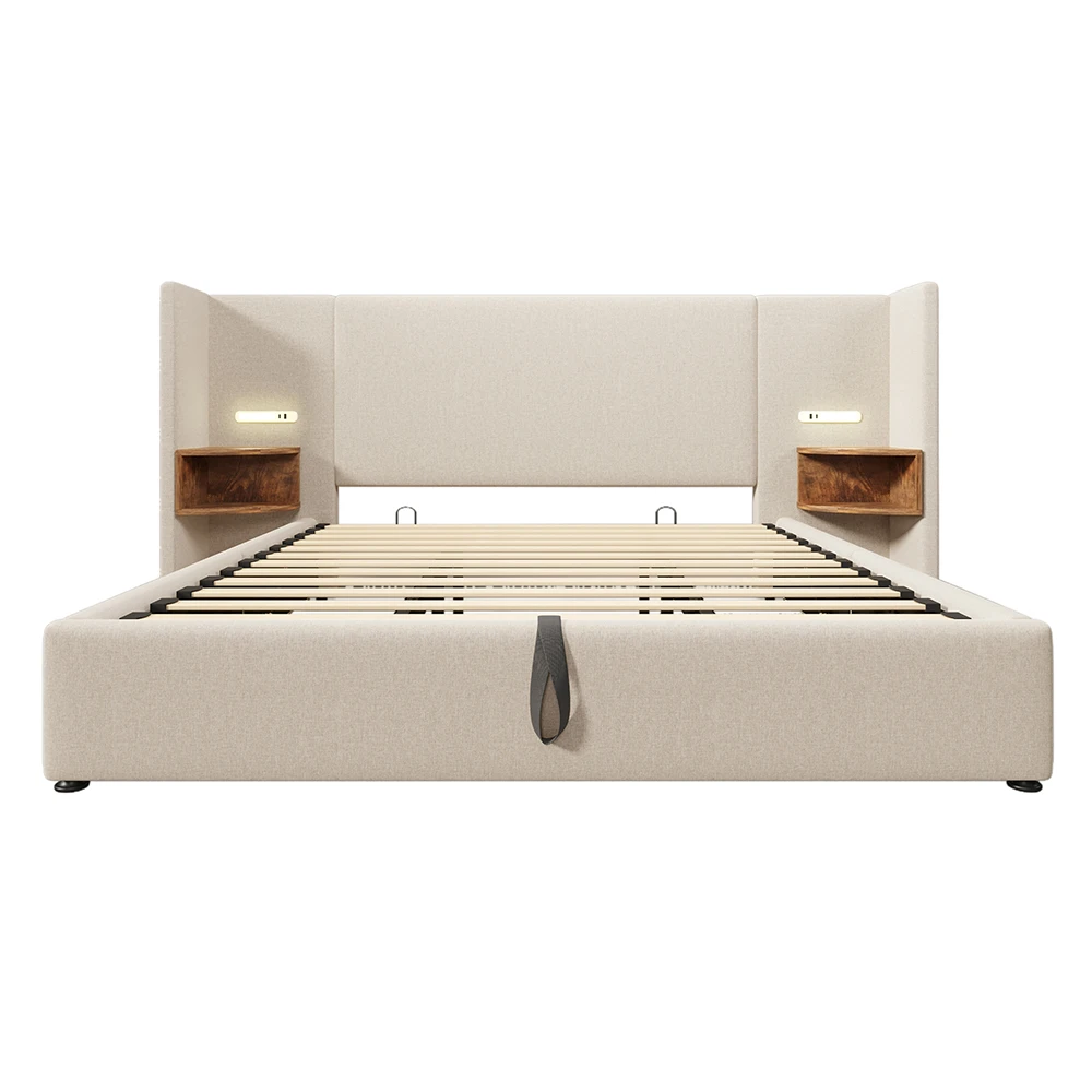 KOMHTOM Gestoffeerd bed met nachtkastje, leeslamp en USB Type-C oplaadfunctie, linnen (zonder matras)