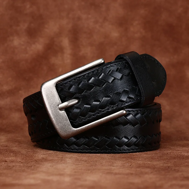 3.8 Cm Pure Cowhide Genuine Leather for Men High Quality Pin Buckle Belts Cowboy Waistband Male Fashion Woven Belt Jeans Strap
