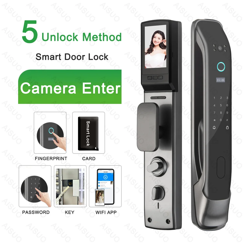 AISUO WIFI APP Smarlock Cerradura Inteligente Fingerprint Key Password Card Smart Door Lock With Camera Digital Smart Lock