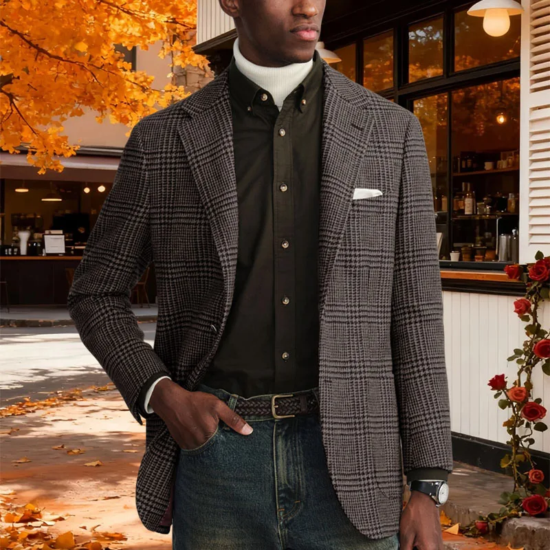 

Autumn Men's Suit Coat Checkered Single Breasted Man Jacket Retro Slim Fit Business Casual Male Blazer