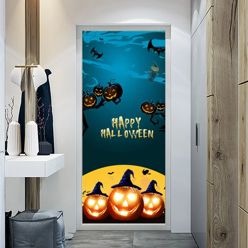 Happy Halloween Door Sticker Pumpkin Witch Wallpaper Horror Ghost Clown Mural PVC Self-adhesive Kids Boys Bedroom Decor Poster