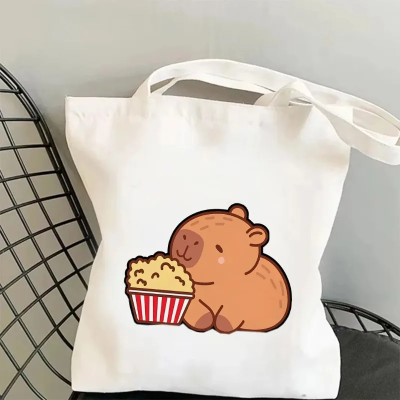 Tas Belanja Kanvas Pola Capybara Menggemaskan Tas Tote Katun Kapasitas Besar untuk Siswa Perjalanan Kantor Aksesori Kawaii Trendi
