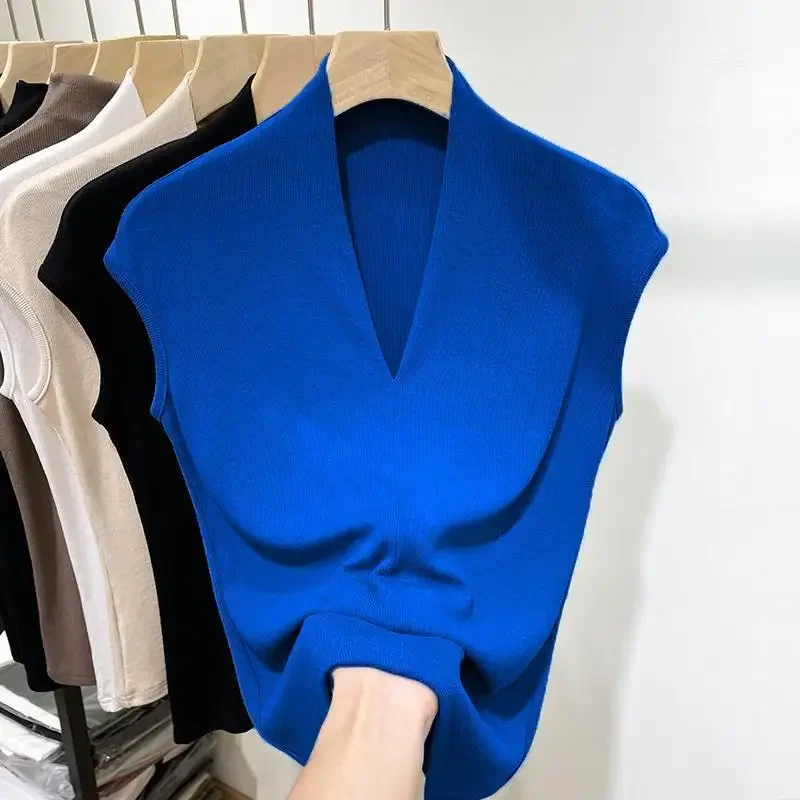 Fashion Women Sleeveless Knitted Tees Vest Female Clothing Summer New V-Neck Slim All-match Pullover Bottoming Casual Top