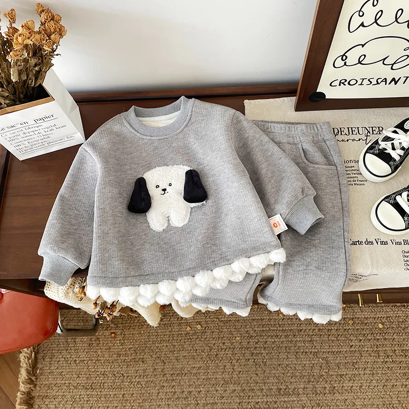 Autumn Winter Children Girl 2PCS Clothes Set Cartoon Dog Fleece Thickened Tops Solid Loose Casual Pants Suit Toddler Girl Outfit