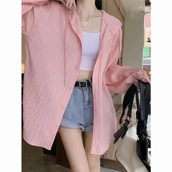 Summer New Hooded Thin Long Sleeved Shirt Tops Solid Color Loose All-match Cardigan Trend Korean Fashion Women Clothing