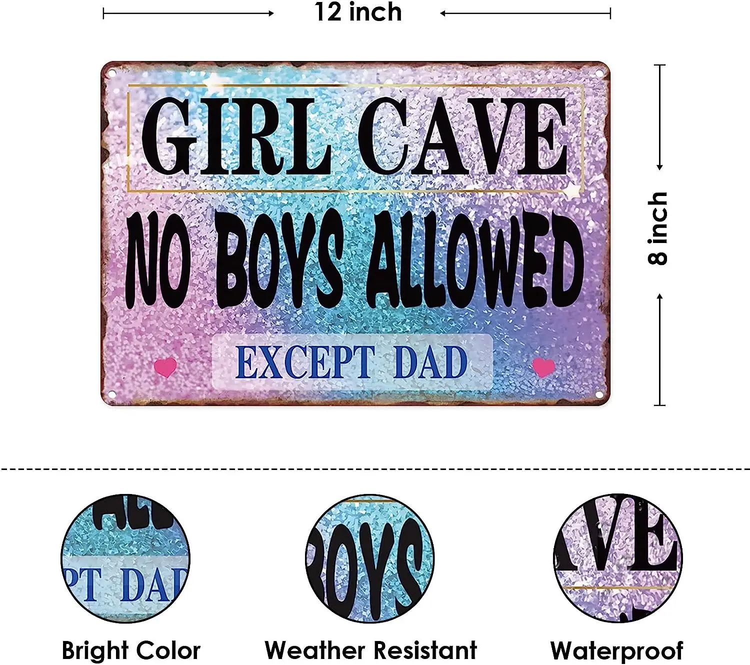 Metal Tin Sign Vintage Girls Aesthetic No Boys Allowed for Home, Living Room, Man Cave Wall Decor 12x8 Inches