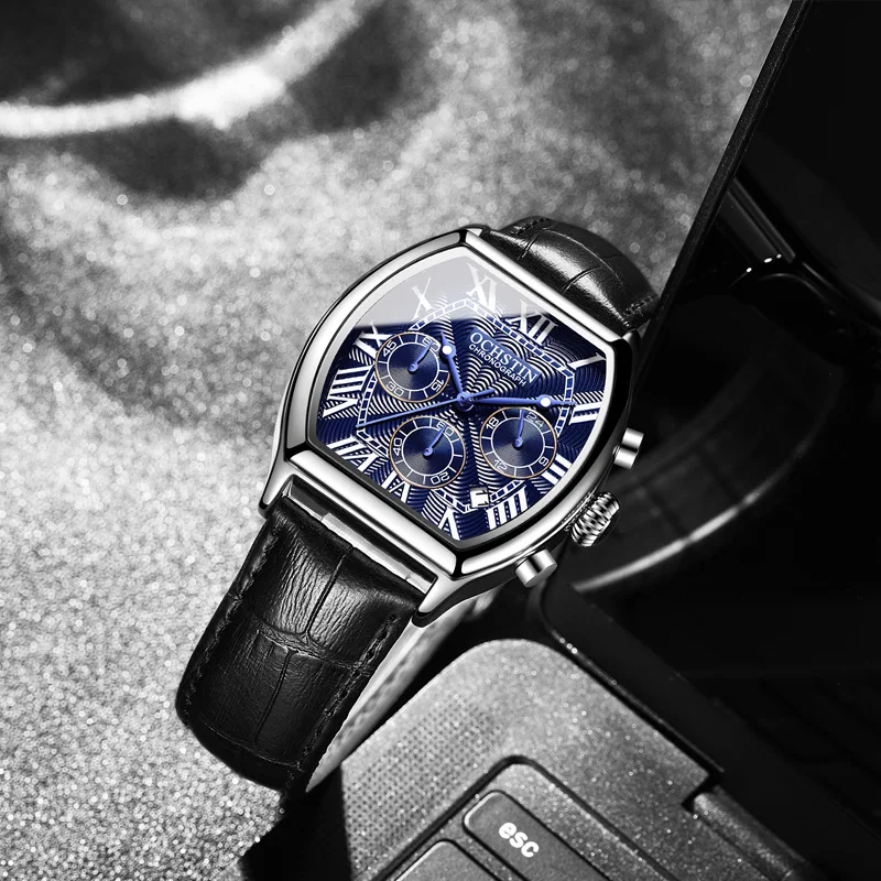 OCHSTIN Men Quartz Watch Barrel-shaped Case Chronograph Wristwatch Roman Numeral Dial Leather Strap Waterproof Business Watch