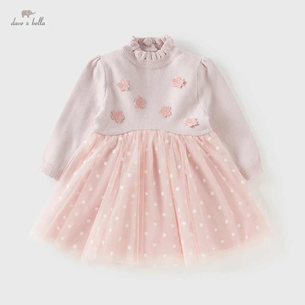 

Детское платье-свитер Dave Bella, осенне-зимняя детская бархатная юбка с цветочным принтом и высоким воротником для девочек, милая верхняя одежда DB4254482