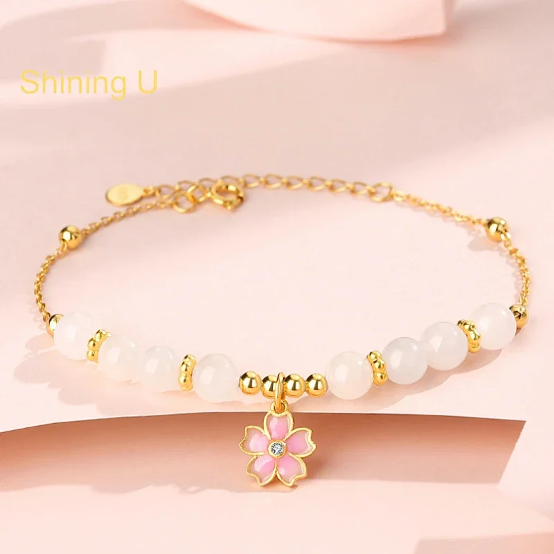 Shining U S925 Silver Cherry Blossom Sakura Hetian Jade Bracelet for Women New Chinese Style Fine Jewelry Gift