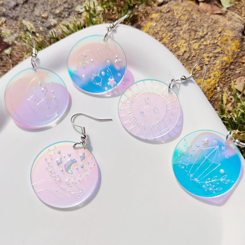 KUGUYS Vintage Round Circle Women\'s Dangle Earrings Holographic Earth Moon Sun Iridescent Jewelry Acrylic Accessories