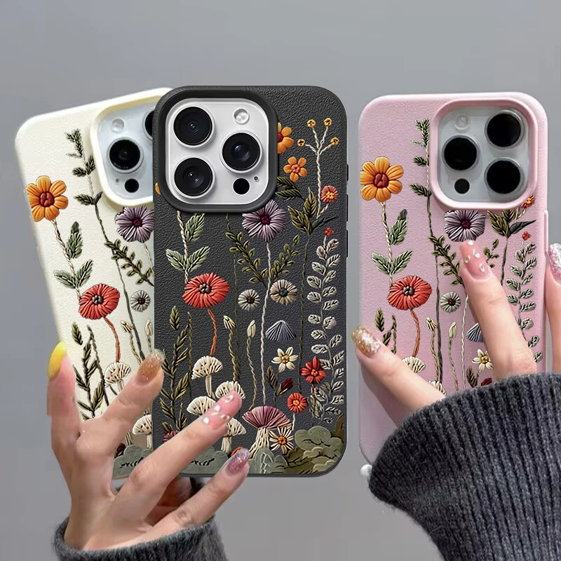 Embossed Floral Painted Phone Case For Samsung Galaxy A55 A54 A06 A15 A54 A53 A32 A07 A23 A34 A35 A13 5G Lichee Pattern Cover