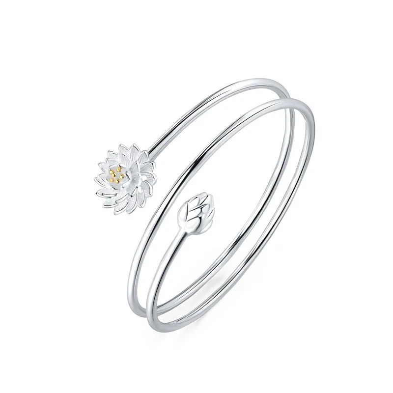 Fashionable Lotus 925 Sterling Silver Bangles Split Layer Opening Bracelets  SL032