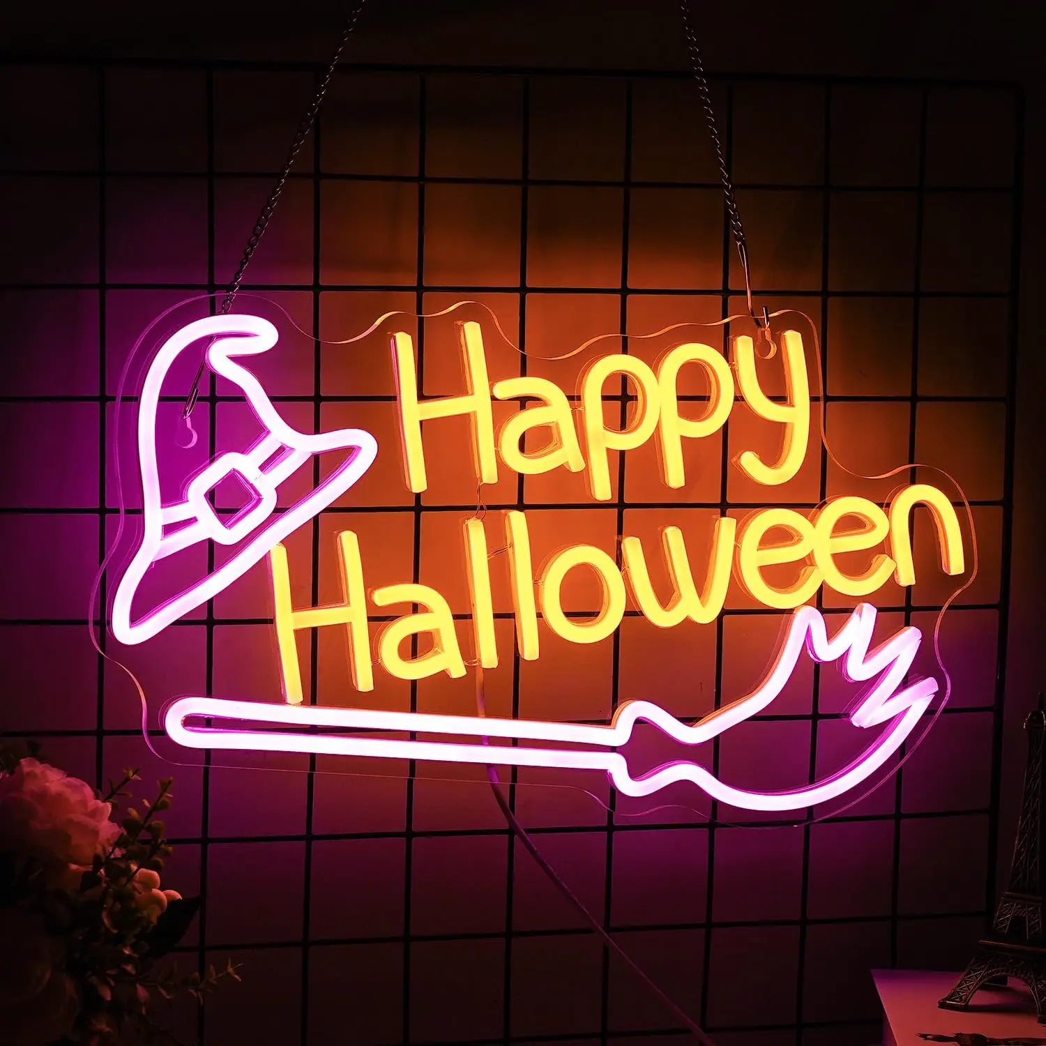 Happy Halloween Neon Sign Dimmable Led Witch Hat Neon Lights For Halloween Decorations Home Spooky Party Room