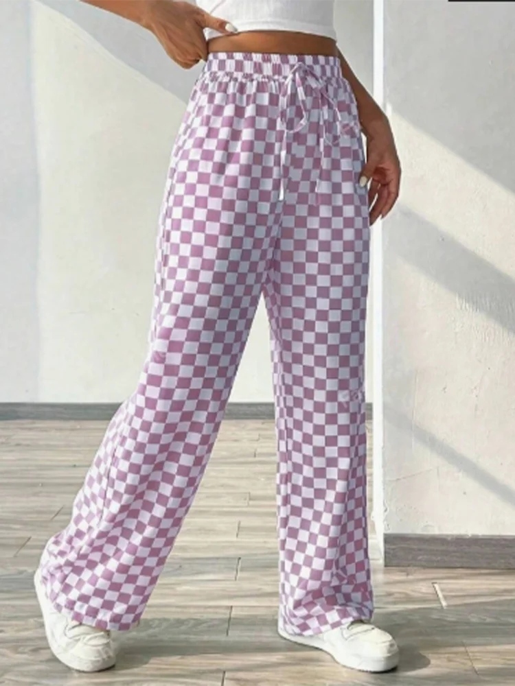 Checkered Printed Pants Lace Up Women\'s Casual Pants Fashionable High Street Versatile Daily Autumn Wide Leg Pants