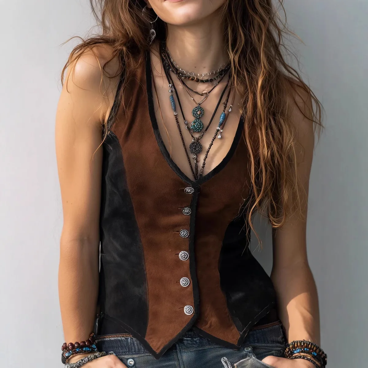 

European American Women's Waistcoat Vintage Sleeveless V-Neck Button-Down Tank Top Autumn Winter Slimming Short Vest Coat