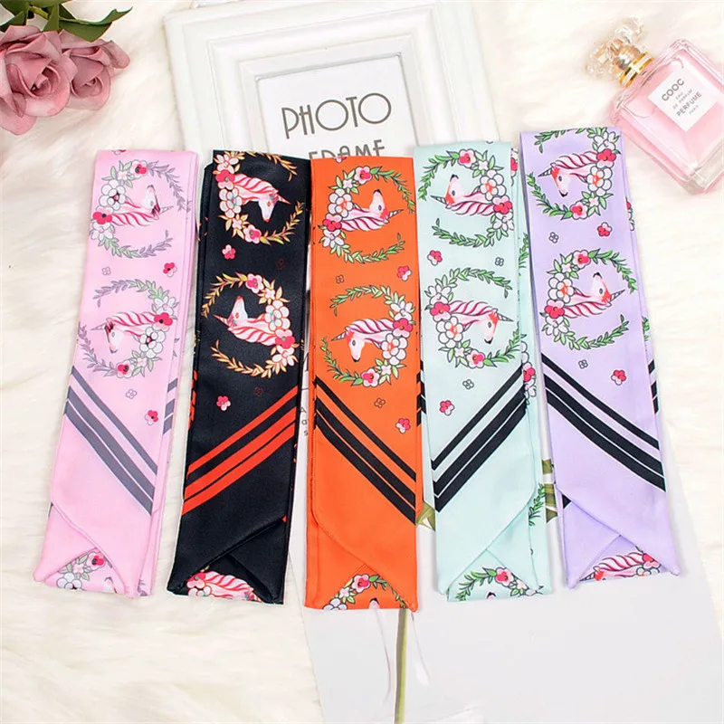 2024 New Skinny Scarf Horse Floral Print Silk Scarf Women Luxury Brand Scarf Bag Ribbons Fashion Small Long Head Scarves