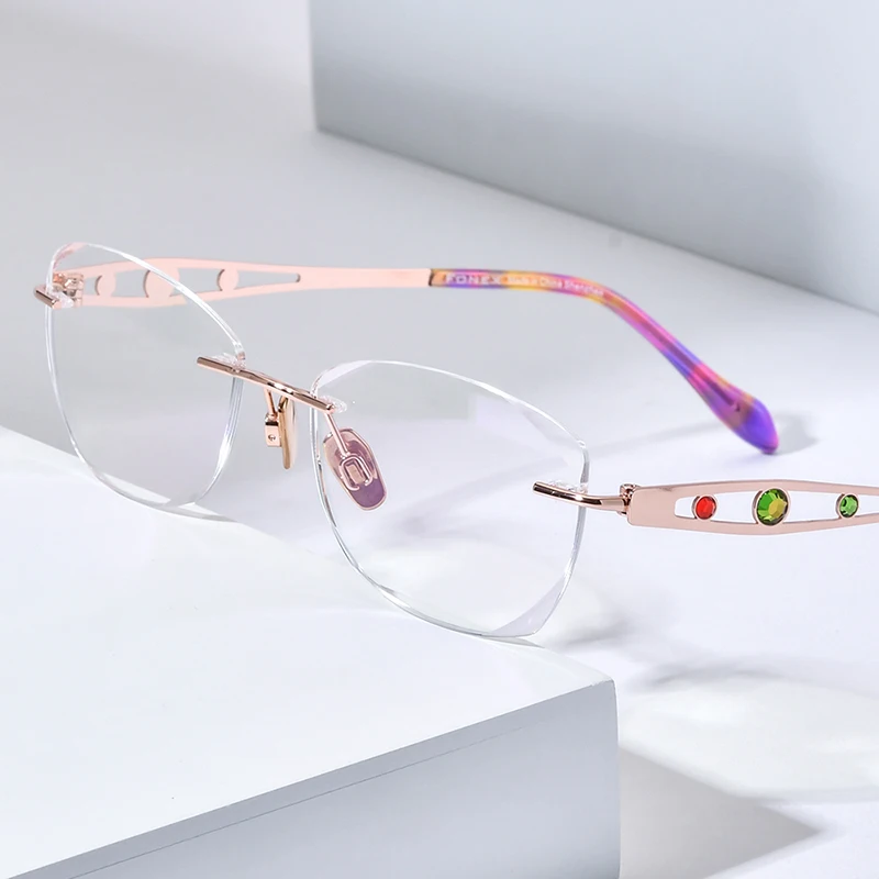 FONEX Pure Titanium Rimless Glasses Women Luxury Brands Designer Elegant Diamond Ultralight Frameless Eyeglasses Eyewear 6119