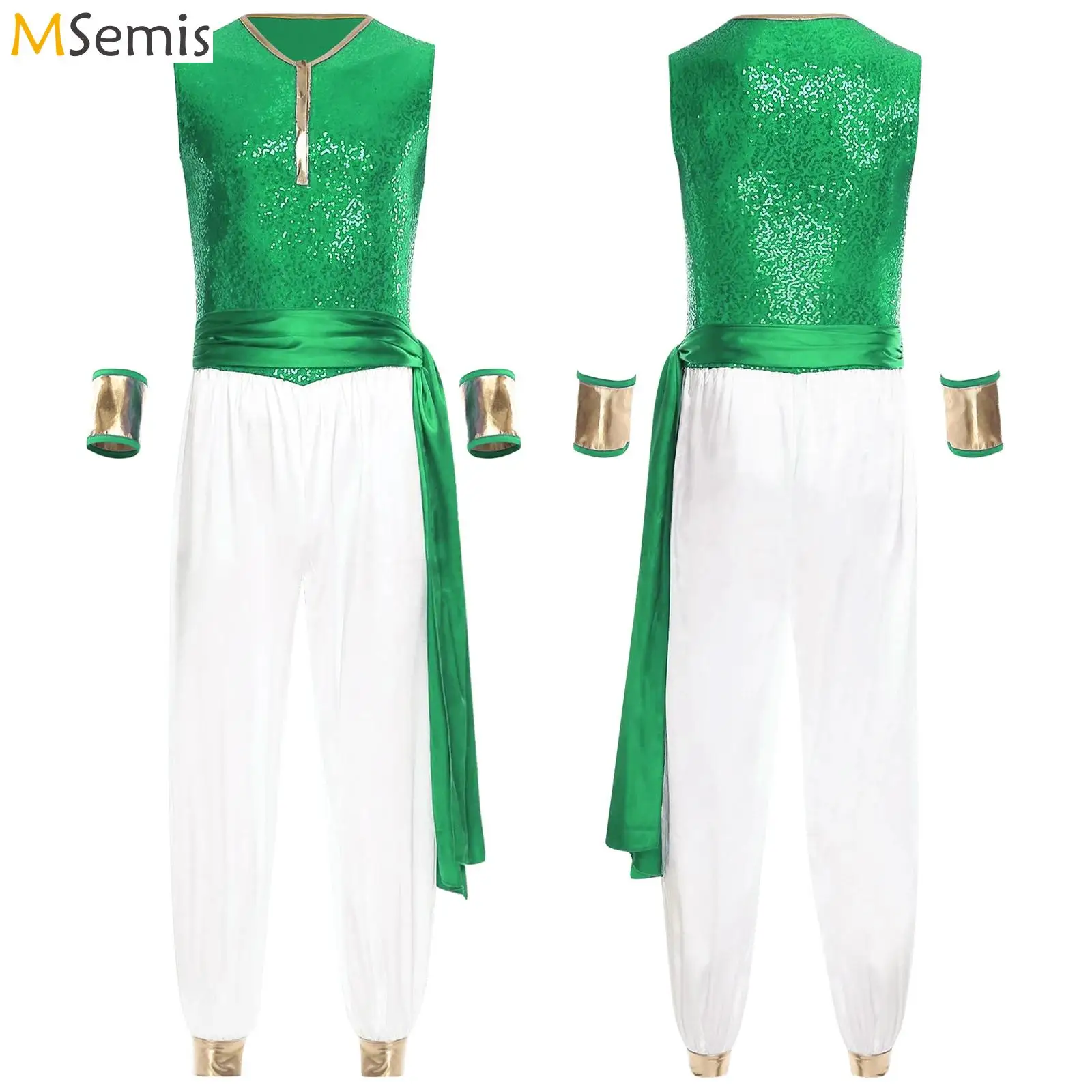 

Men Arabian Prince Magical Lamp Costume Sequin Satiny Jumpsuit with Belt Cuffs Sleeves Set for Halloween Carnival Cosplay Party