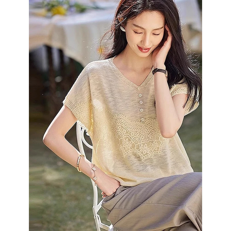 여성 여름 레이스 수 놓은 솔리드 컬러 v 넥 반팔 니트 탑 숙녀 단순 캐주얼 올 매치 트렌드 티셔츠