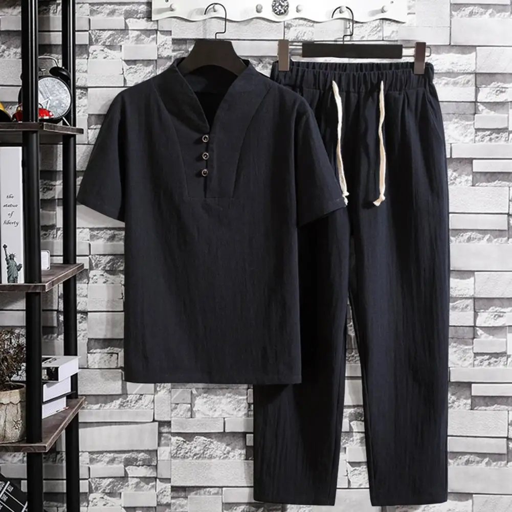 New Arrival Men's Cotton and Linen Short Sleeve T-shirt+Ankle Length Pant Set Solid Shirt+Trousers Home Suits Male Size M-3XL