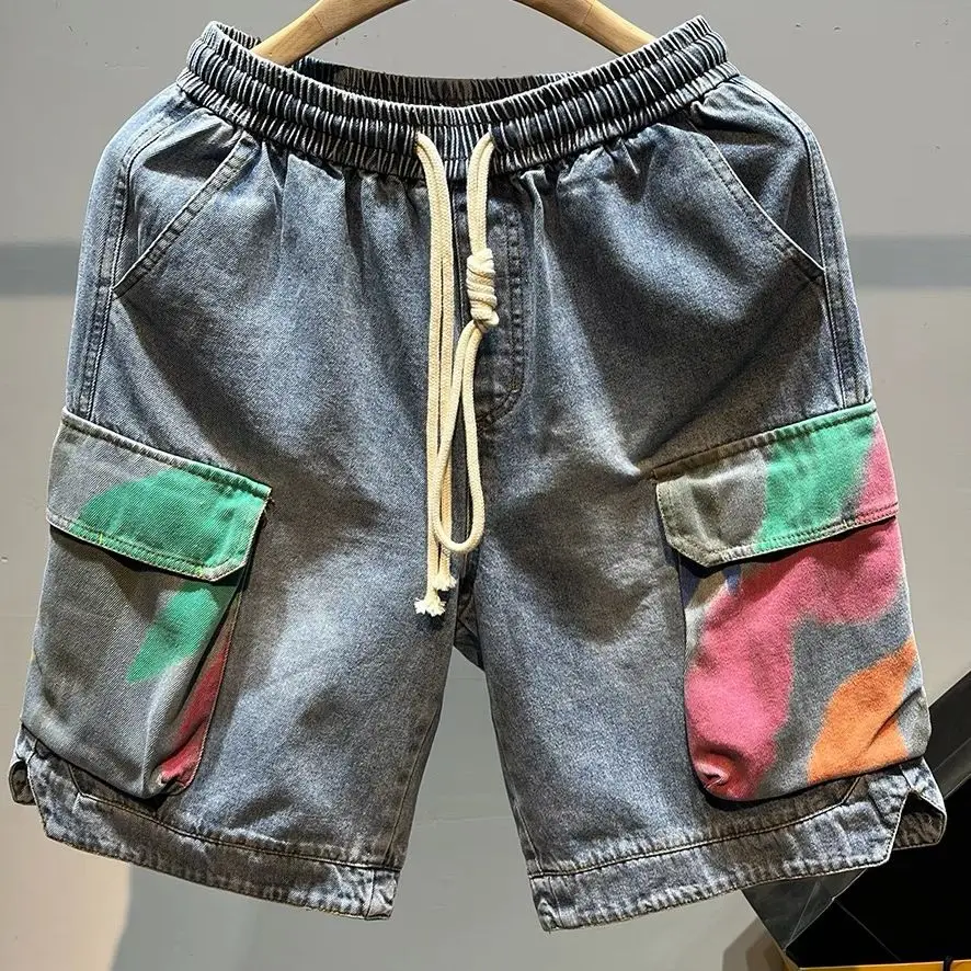 

Summer trendy brand printed denim shorts loose five-point pants ruffian handsome drawstring overalls