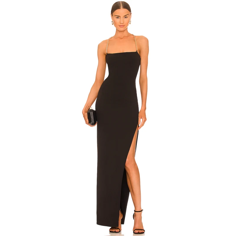 Temperament Black Backless Metal Chain, Shoulder Straps Sexy Slip Dress, Skinny Slit Party Dress Dress Long