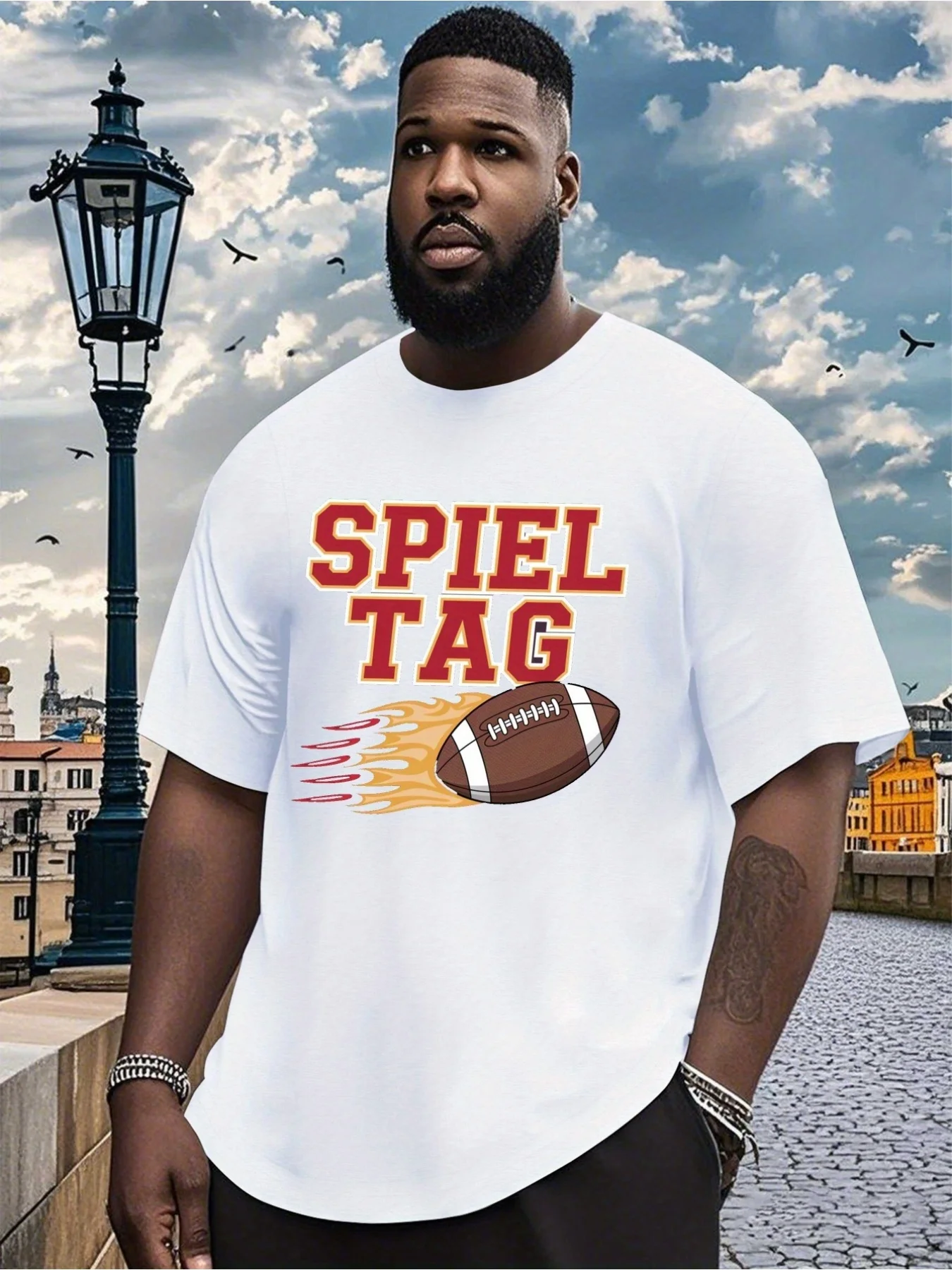 Plus Size Men's Soccer Match Day T-Shirt - Black With Fiery Football Graphic, Breathable And Comfortable For Sports Fans, Casual