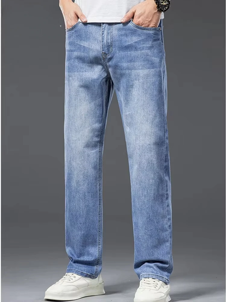 

Мужские летние джинсовые брюки, тонкие, стрейч, прямого кроя, классические синие, легкие, рабочие, ковбойские, больших размеров 42-44