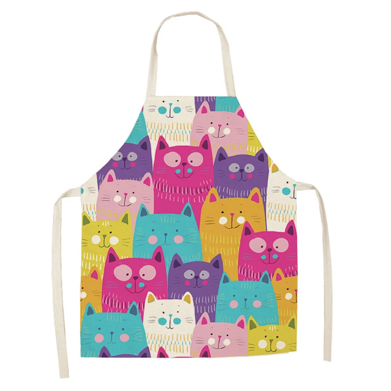 1 Pcs Kitchen Apron Cute Cartoon Cat Printed Sleeveless Cotton Linen Aprons for Men Women Home Cleaning Tools 66x47cm 47x38cm