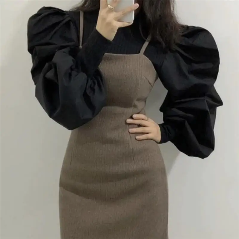 Stylish Solid Color Spliced Puff Sleeve Folds Blouse Female Clothing 2023 Spring New Korean Pullovers Loose Office Lady Shirt