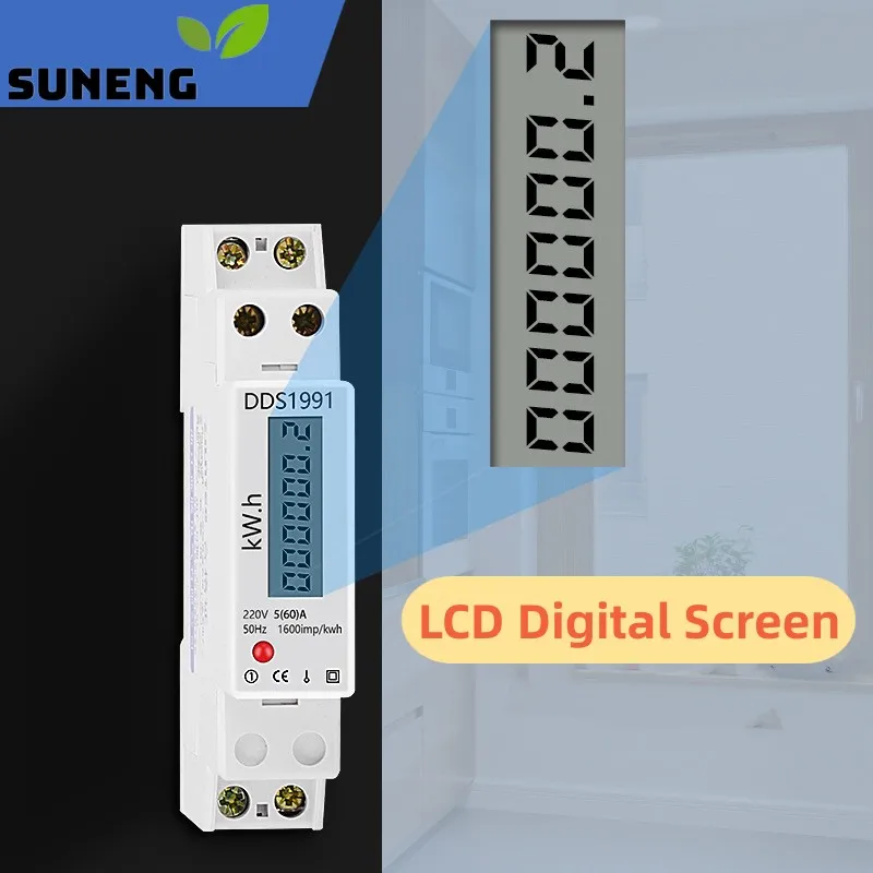 1P Single Phase Digital Wattmeter Power Consumption Analog Energy Meter kWh AC 220V 50Hz 60Hz 60A Rail Type Watt-hour Meter LCD