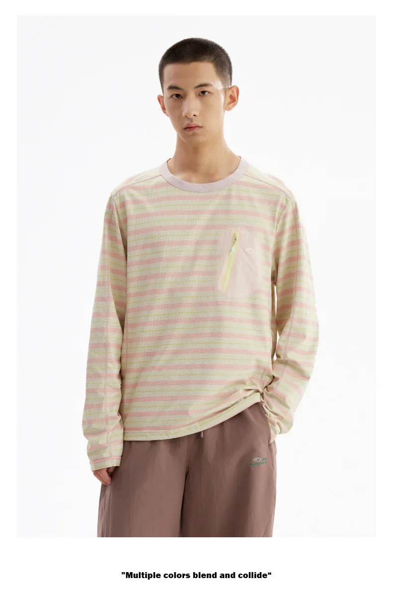 Unisex Gestreiftes Langarm-T-Shirt – UPF50+ Sonnenschutz & Schnelltrocknend mit Kontrastfarbener Reißverschlusstasche für Outdoor- & Freizeitkleidung – Detail 14