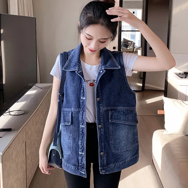 New Casual Loose Denim Vest Women Streetwear Blue Boyfriend Sleeveless Jackets 2024 Spring Summer Lapel Jean Chalecos Mujer