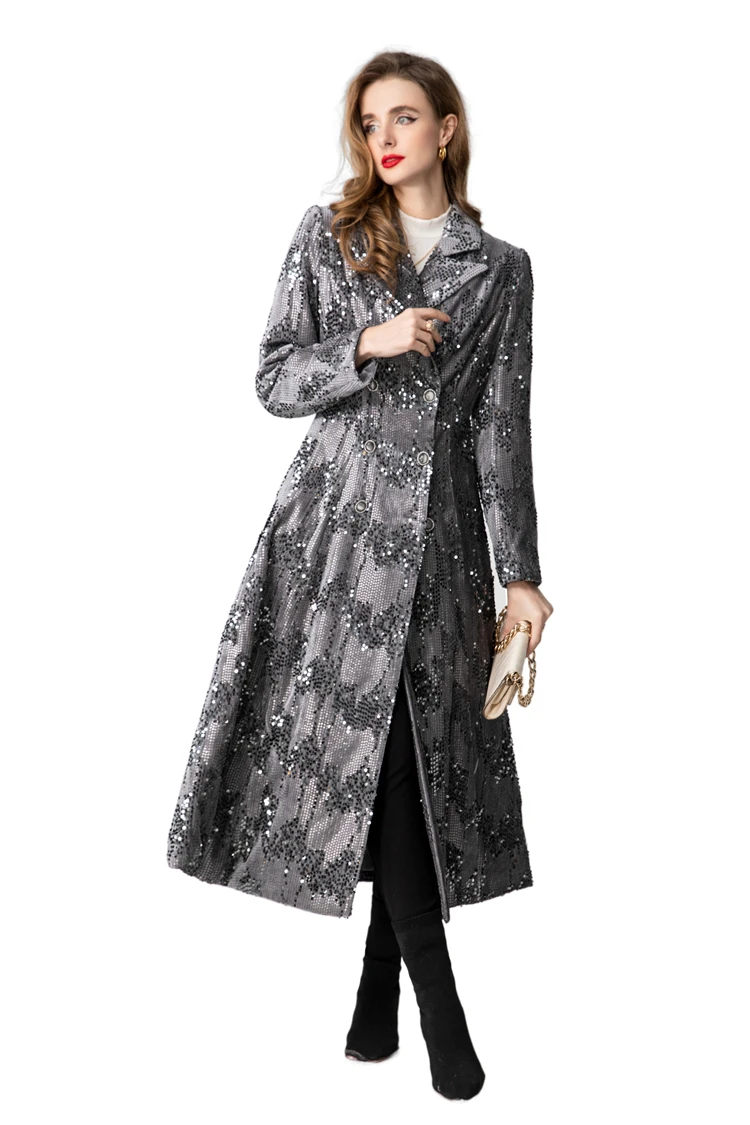 Stunning Silver Sequin - Embellished Double - Breasted Maxi Coat with Notched Lapel & Nipped - in Waist for Fall/Winter