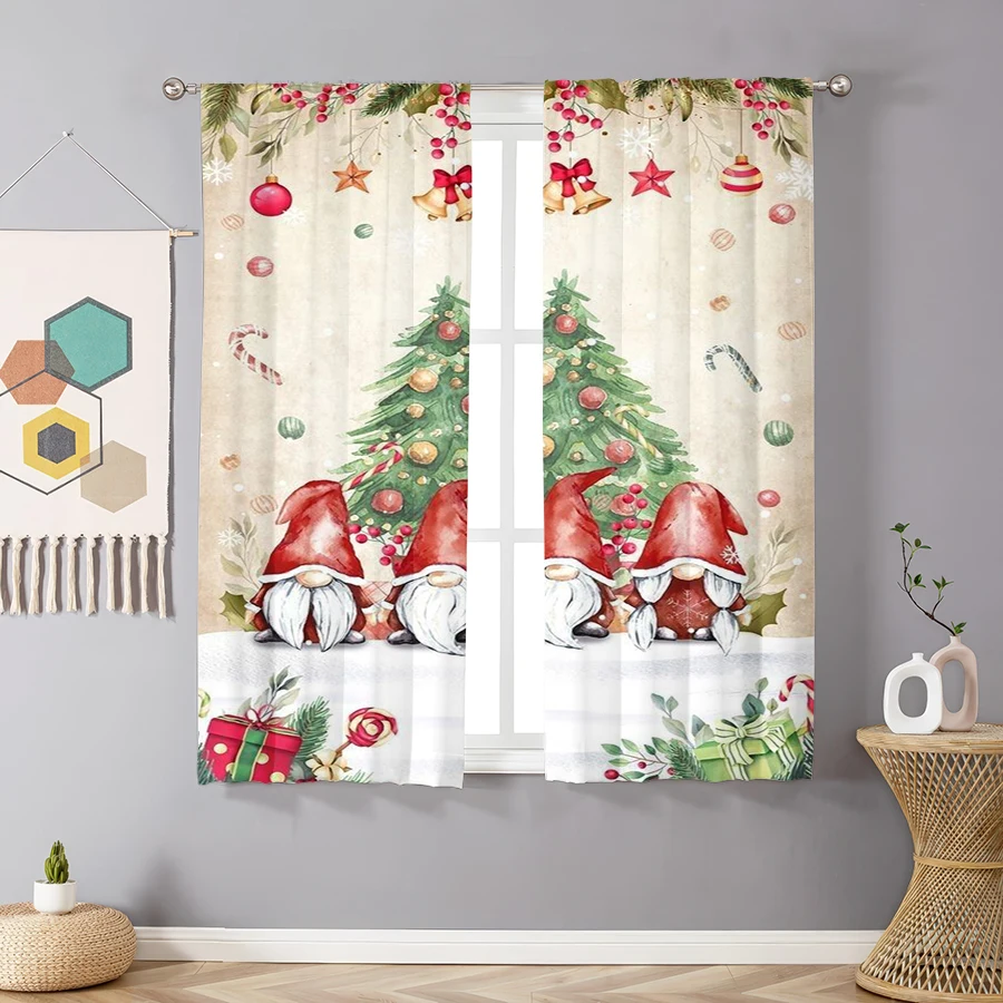 2PCS Digital Print Curtains, Christmas Gnome Tomte Pink Pastel Pattern, Cute Scandinavian Style for Xmas Holiday Home Decor