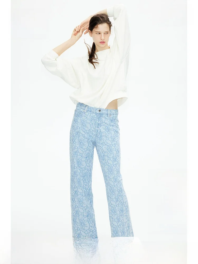 

Женские зимние джинсы H&M с вышивкой, прямой крой, повседневные, со средней талией, из 100% хлопка, без стрейча