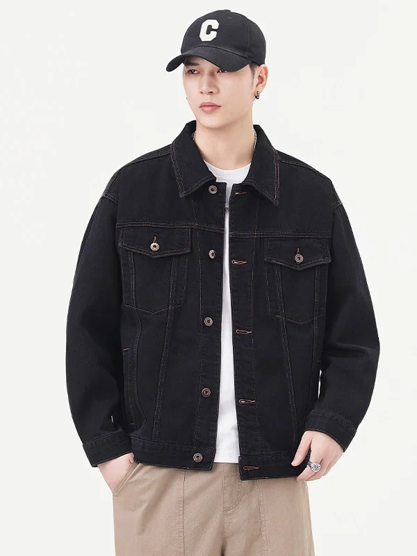 

Ретро-куртка из американского синего денима для мужчин, приталенная, с воротником, модная осенняя, с прямой строчкой, длинными рукавами, из хлопка и полиэстера