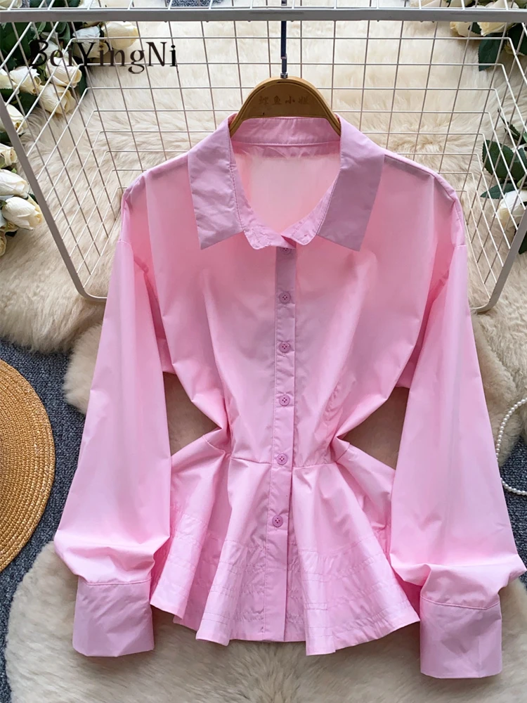 Beiyingni 2026 Senior Classy Women Shirts Plain Korean Chic Slim Ladies Long Sleeve Tops Commute Versatile White Blouses Clothes