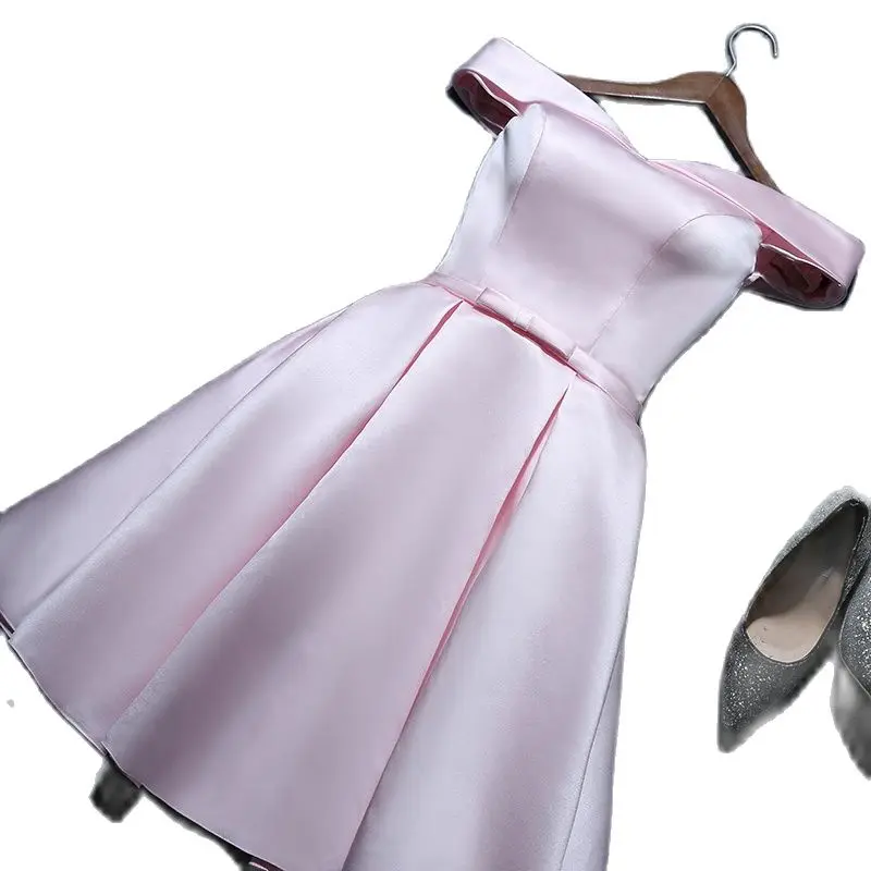 A2350 Boat Neck New Pink Satin Prom Dress Bride Guest Robe Simple Stage Gradutaion Sing Performance Gown Short Party Dresses