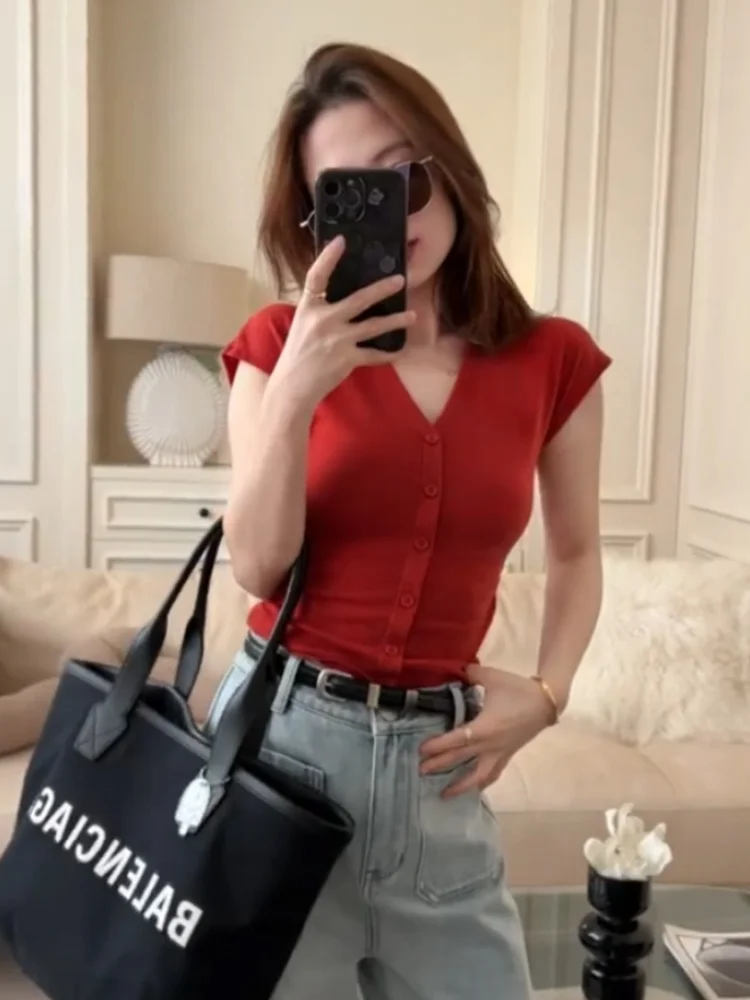 Top lavorato a maglia in seta di ghiaccio V-Ne di colore puro Estate da donna dimagrante ort Sve Base irt T-shirt ampia coreana versatile Sle