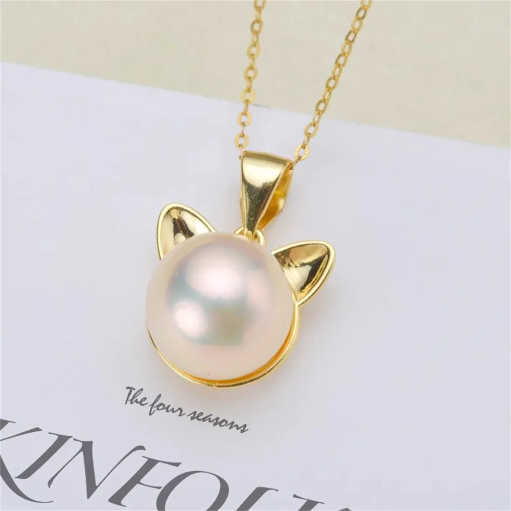 

DIY Pearl Accessories S925 Sterling Silver Pearl Pendant with Empty Support Cat Necklace Pendant Fit 8-9mm Round Flat Beads D086