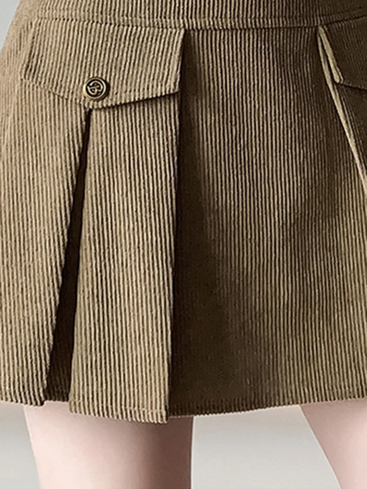 College Style Vintage Mini Corduroy Skirt For Woman Autumn Winter Streetwear Slim Short A-line Skirts With Pocket