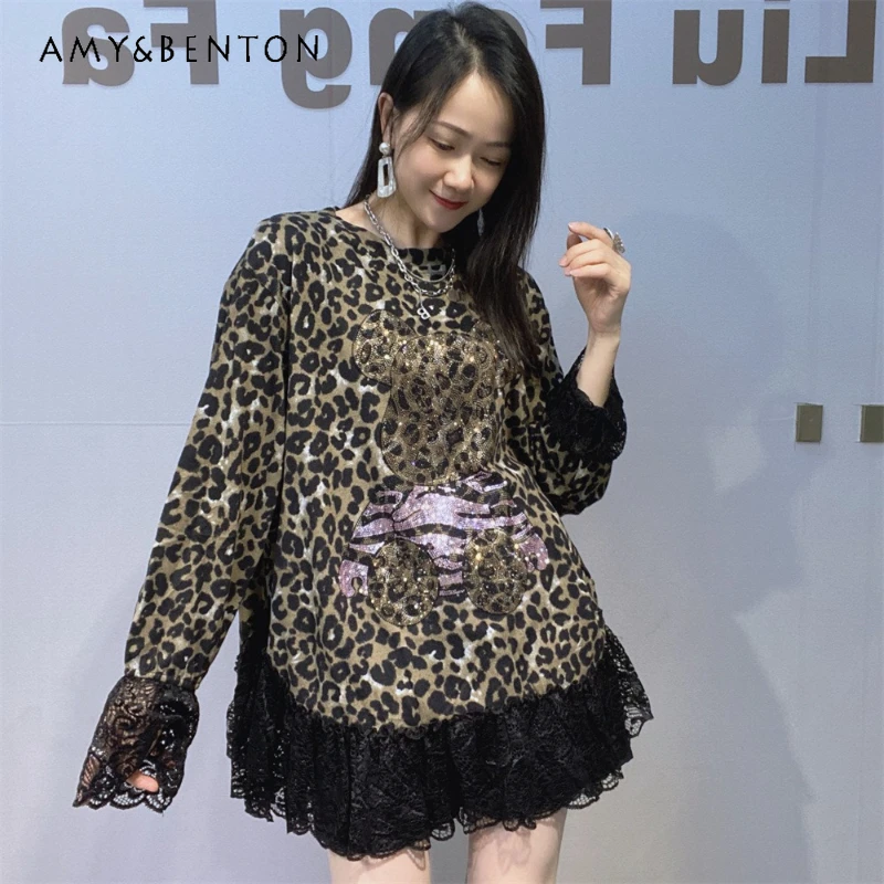 

Women's Clothing Lace Patchwork Long Sleeves T-shirt Ladies Autumn Winter New Heart Rhinestone Cartoon Leopard Print Top Tees