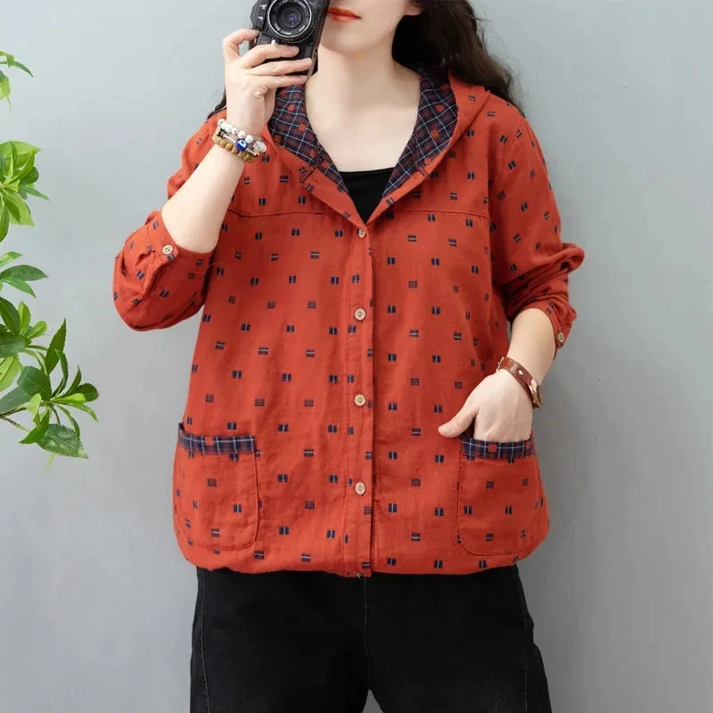 New 2022 Spring Autumn Cotton And Linen Coat Women\'s Literary Retro Hooded Linen Top Casual Printing Jacket Outerwear Female