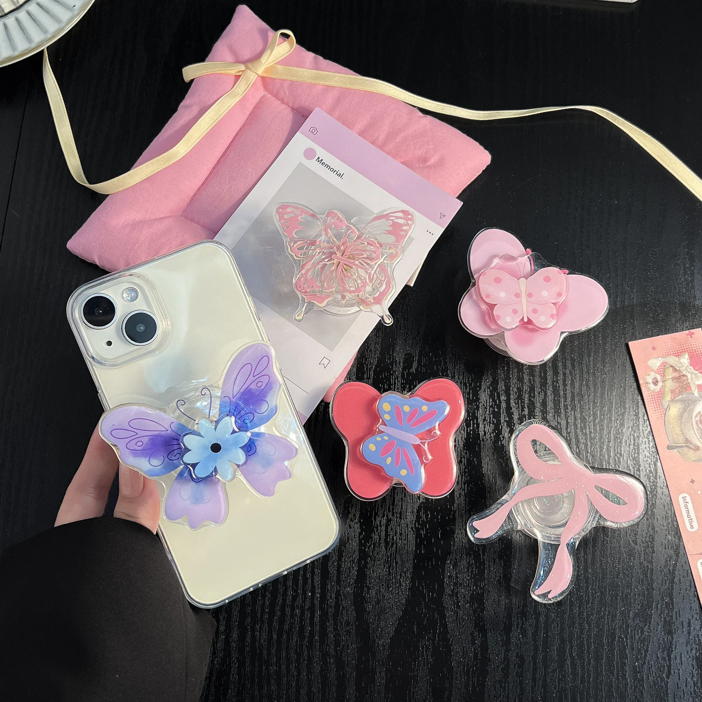 Poignée de support à nœud rose mignon, support de téléphone Tok Griptok adapté à la tablette iPhone 16