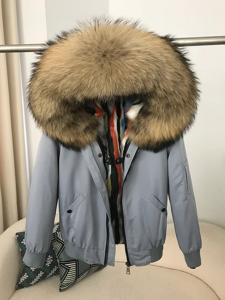 2025 Winter Natural Fur Coat Jacket Women Bomber Parka Real Raccoon Fur Collar Hooded Thick Warm Streetwear Outerwear