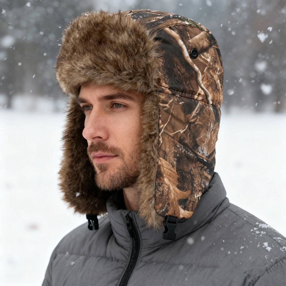 Gorra de Lei Feng de camuflaje para hombre con orejeras plegables, gorro de piloto Ushanka forrado de felpa, gorro de esquí para nieve, gorro de invierno a prueba de viento para exteriores