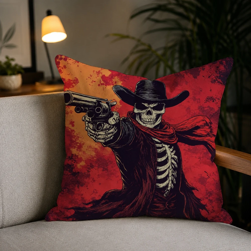 Skeleton Cowboy with RevolverPillow Case Plush Pillow Cases Home Decoration Pillow Cover for Sofa Bed Chair Living Room